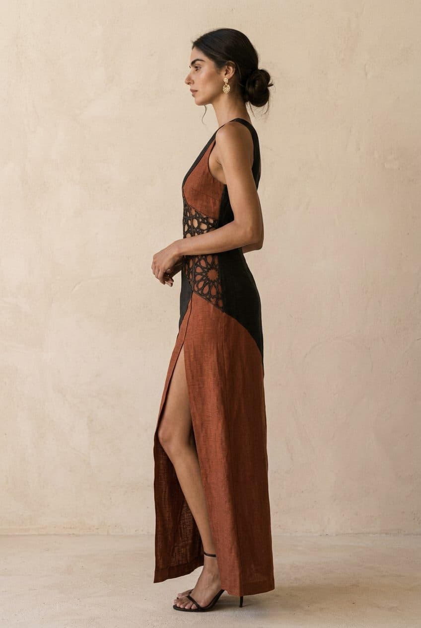 Asymmetric One-Shoulder Girih Cutwork Gown in Washed Black & Terracotta Rust, worn