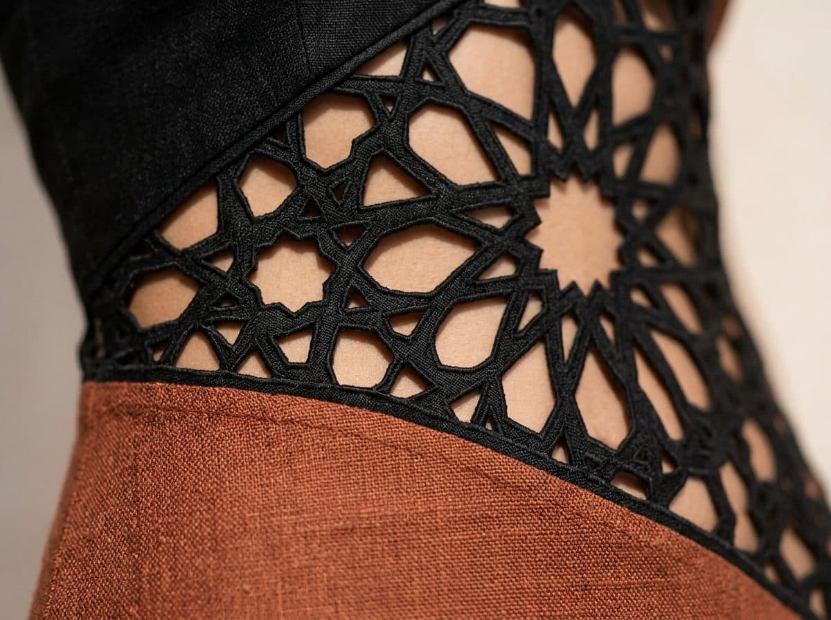 Detail of the cloth and cutwork used for Asymmetric One-Shoulder Girih Cutwork Gown