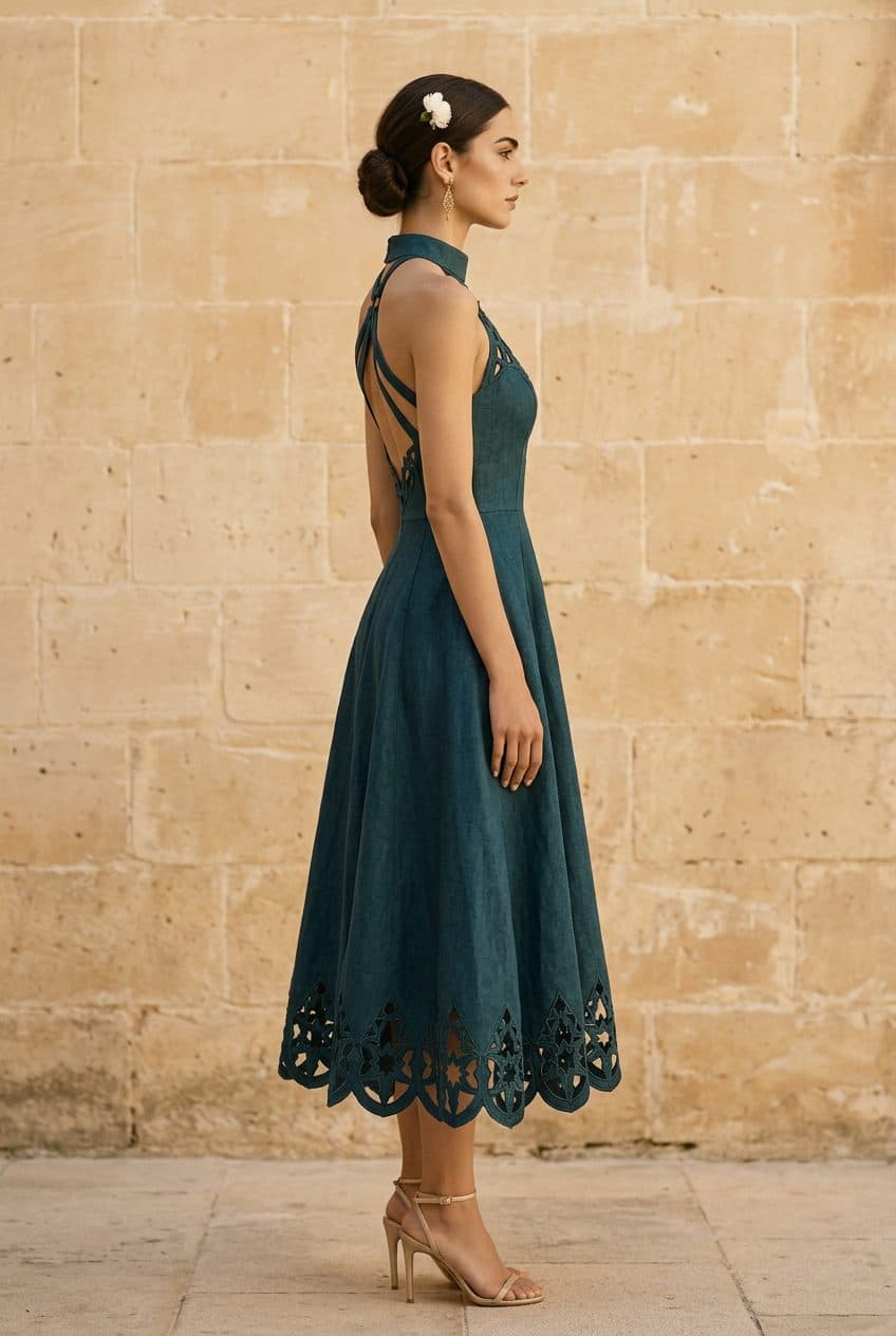 Sculptural Halterneck Girih Backless Midi Dress in Petroleum Teal, worn