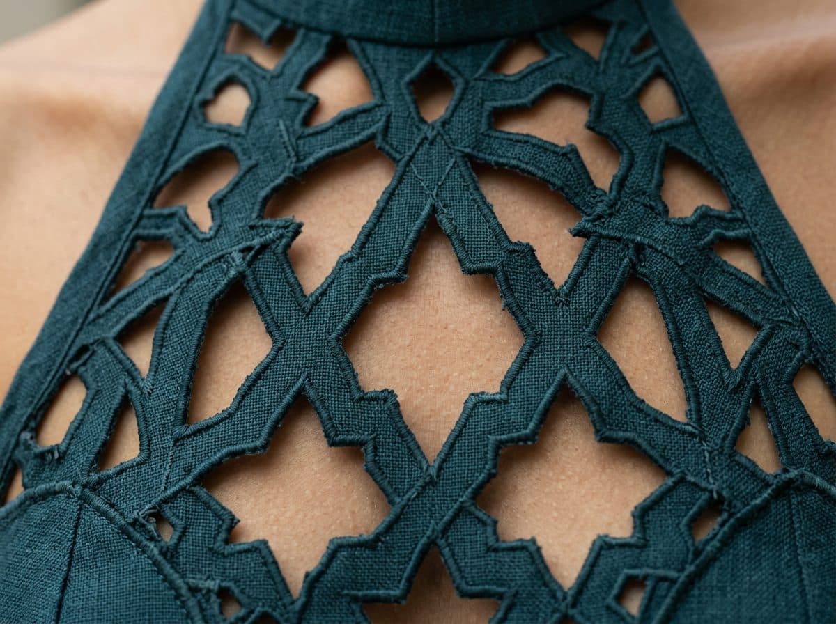 Detail of the cloth and cutwork used for Sculptural Halterneck Girih Backless Midi Dress