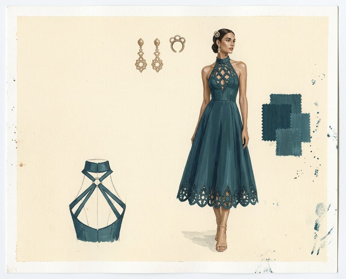 Fabric, colour and trim palette for Sculptural Halterneck Girih Backless Midi Dress