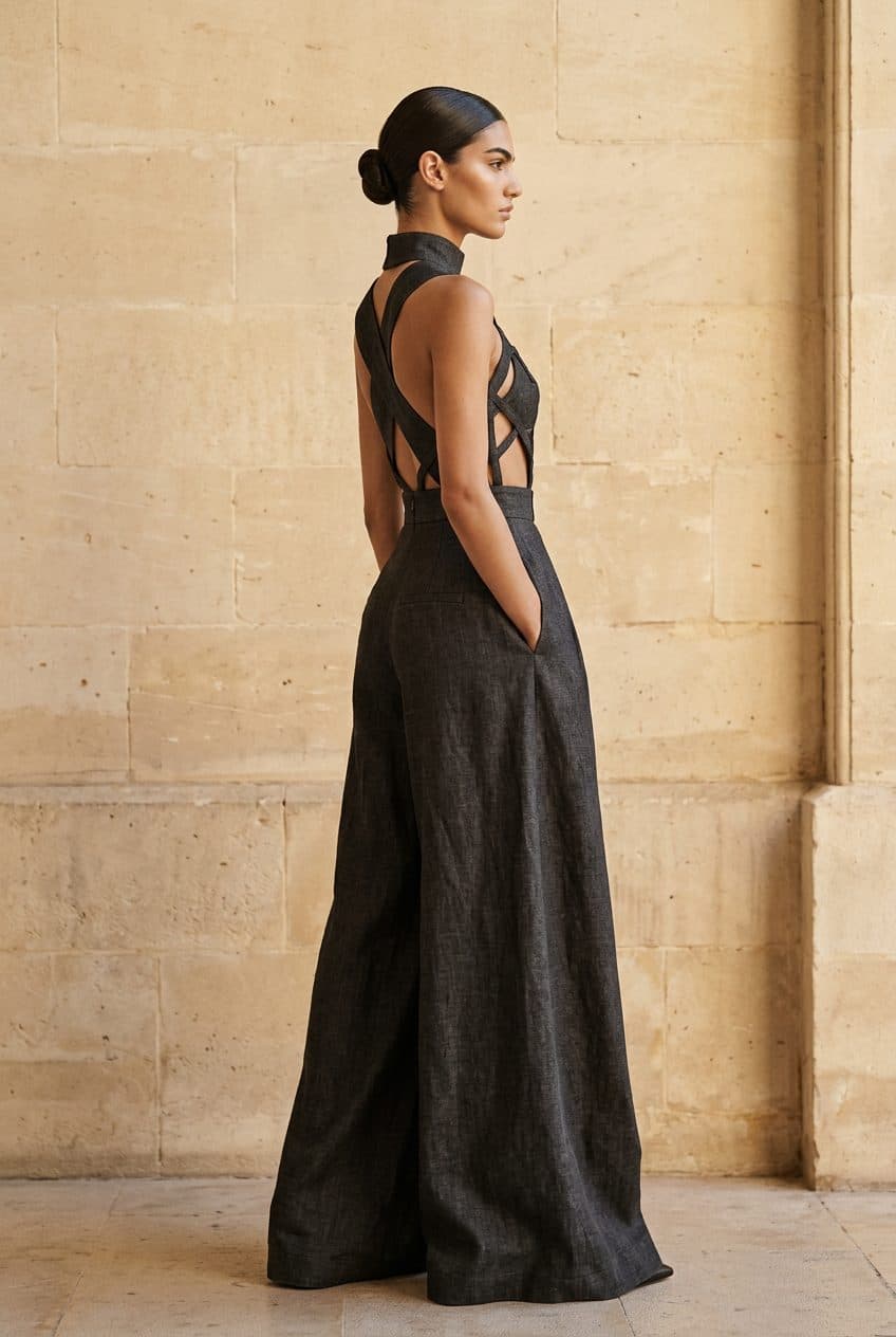 Sculptural Wide-Leg Girih Linen Jumpsuit in Washed Charcoal Black, worn