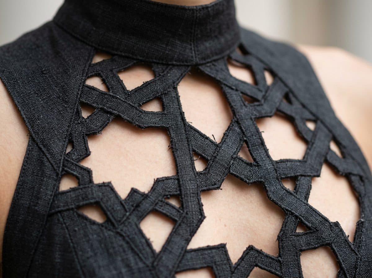 Detail of the cloth and cutwork used for Sculptural Wide-Leg Girih Linen Jumpsuit