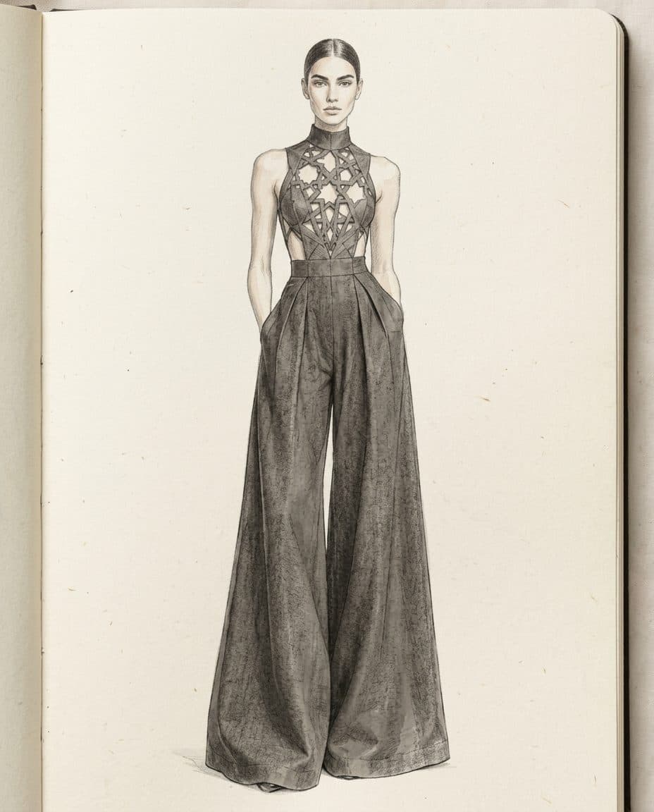 Sculptural Wide-Leg Girih Linen Jumpsuit — original design sketch