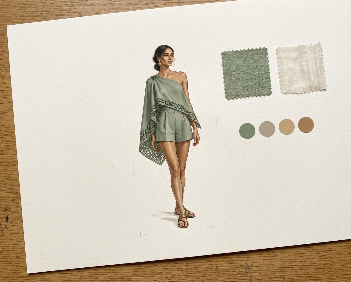 Fabric, colour and trim palette for Asymmetric Capelet Playsuit