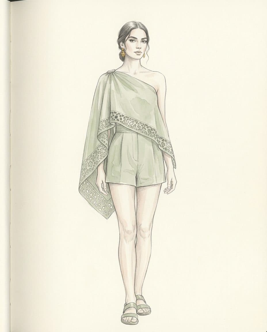 Asymmetric Capelet Playsuit — original design sketch