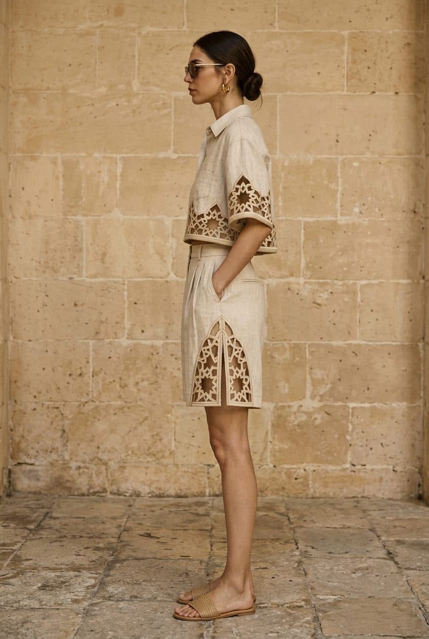 Boxy Cropped Girih Shirt & High-Waisted Shorts Co-ord in Raw Flax & Warm Sand, worn
