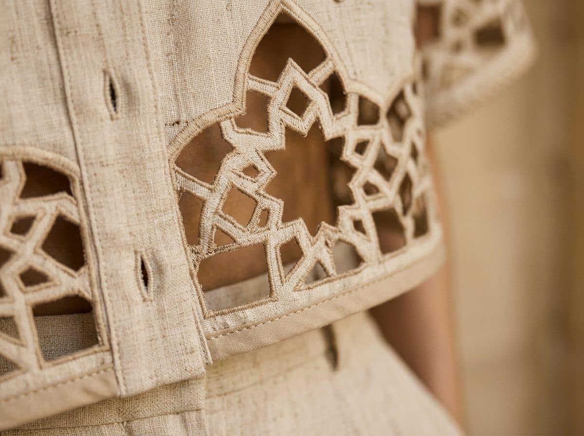 Detail of the cloth and cutwork used for Boxy Cropped Girih Shirt & High-Waisted Shorts Co-ord