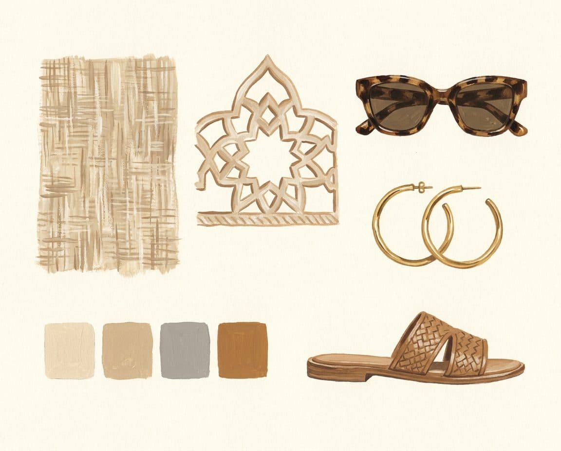 Fabric, colour and trim palette for Boxy Cropped Girih Shirt & High-Waisted Shorts Co-ord