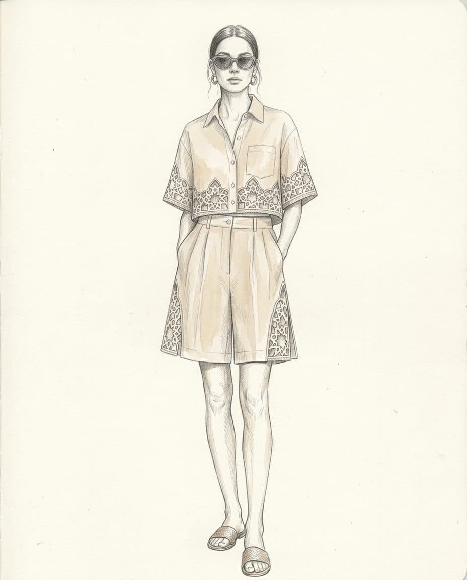 Boxy Cropped Girih Shirt & High-Waisted Shorts Co-ord — original design sketch