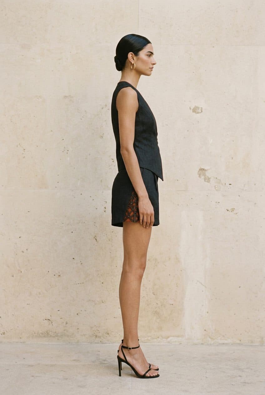 Asymmetric Wrap Vest and Sculpted Short Set in Washed Charcoal Black & Terracotta, worn