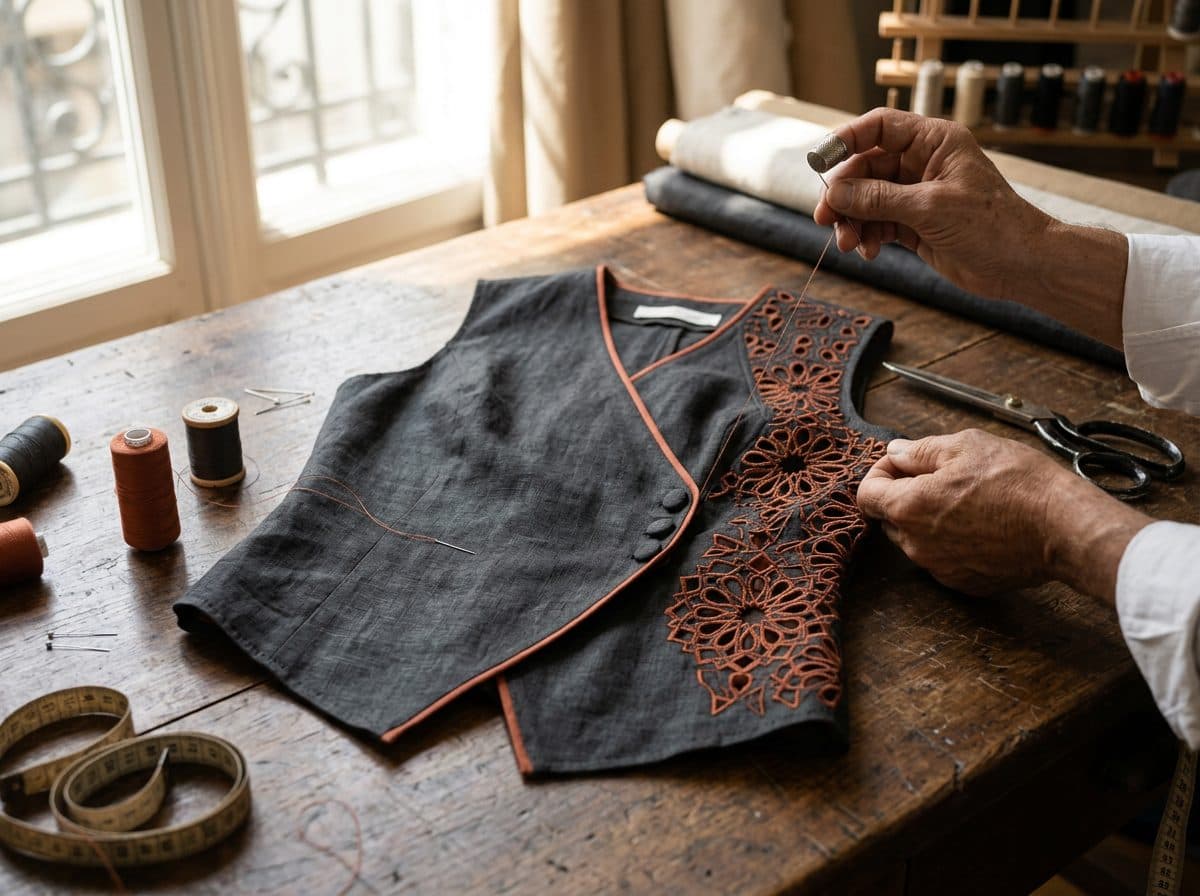 Asymmetric Wrap Vest and Sculpted Short Set — in the making, construction and finishing