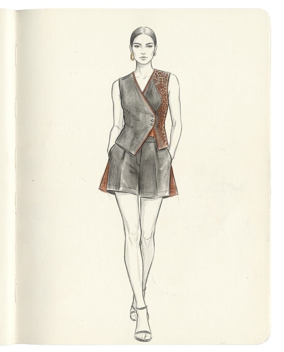 Asymmetric Wrap Vest and Sculpted Short Set — original design sketch