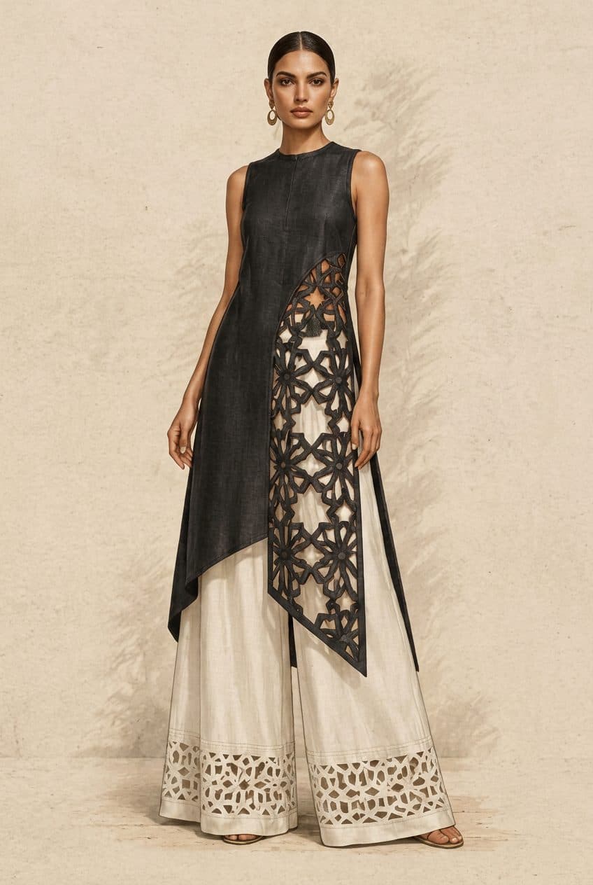 Asymmetric Tunic and Monumental Palazzo Pants Co-ord in Washed Black, Bone White & Terracotta, finished garment