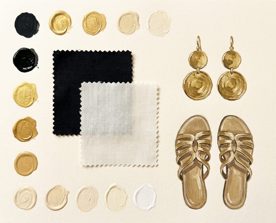 Fabric, colour and trim palette for Asymmetric Tunic and Monumental Palazzo Pants Co-ord