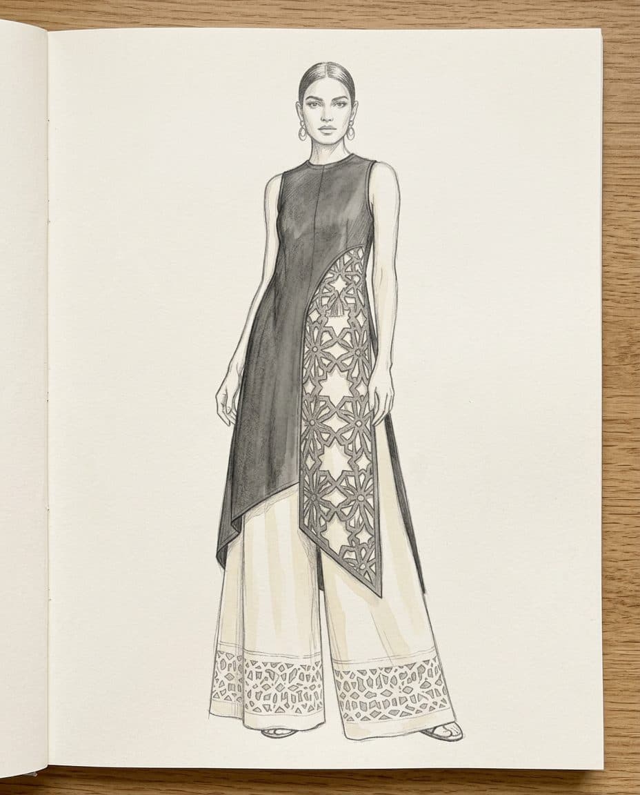 Asymmetric Tunic and Monumental Palazzo Pants Co-ord — original design sketch
