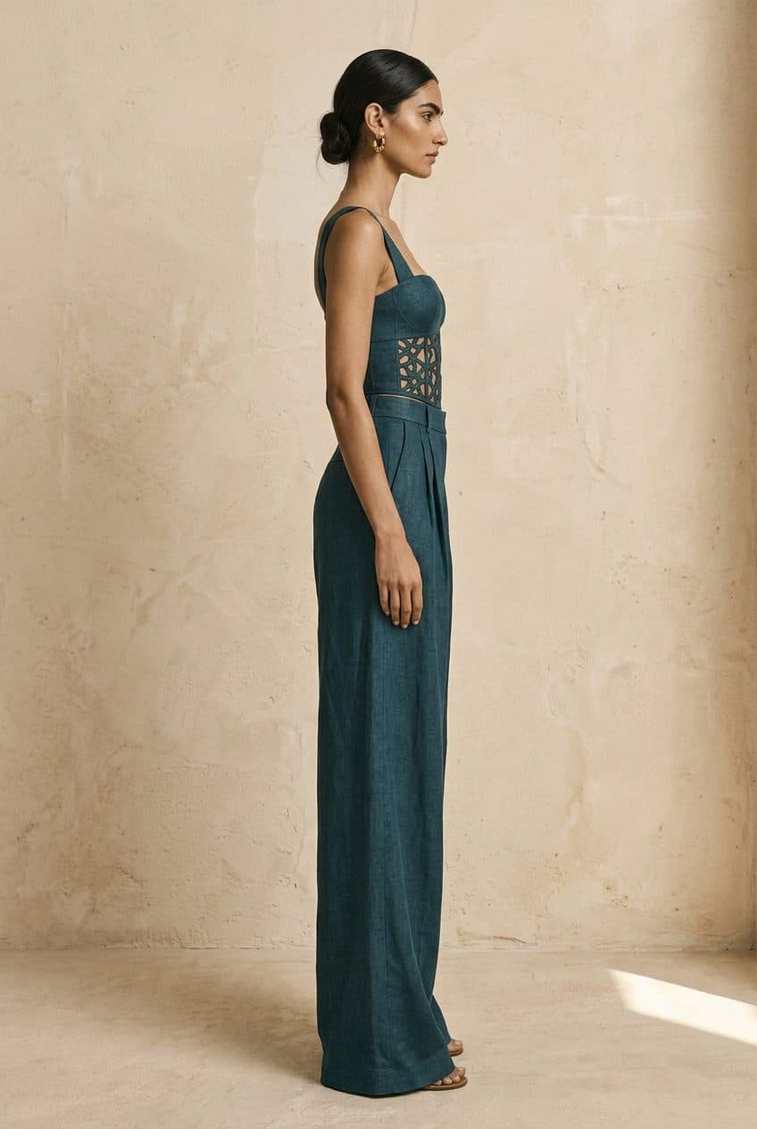 Architectural Corset Top and Pleated Wide-Leg Trousers Co-ord in Petroleum Teal, worn