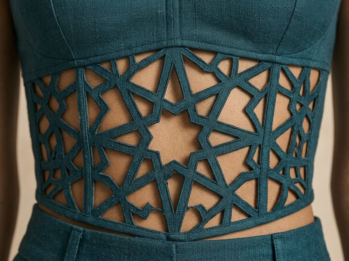 Detail of the cloth and cutwork used for Architectural Corset Top and Pleated Wide-Leg Trousers Co-ord