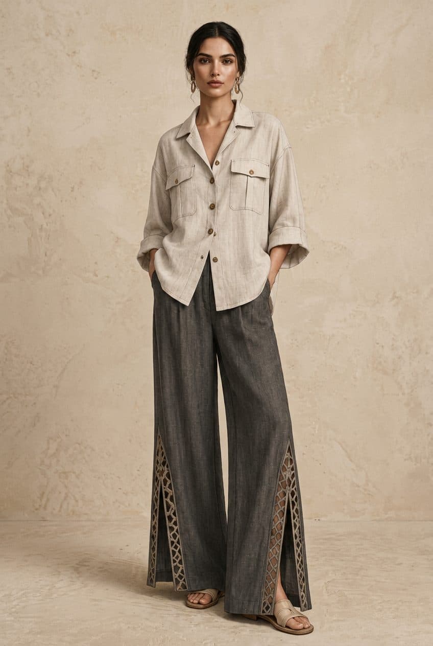 Oversized Safari Blouse and Slit-Ankle Fluid Pants Co-ord in Raw Flax & Washed Charcoal, finished garment