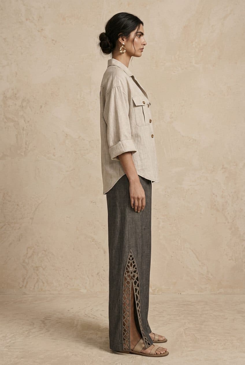 Oversized Safari Blouse and Slit-Ankle Fluid Pants Co-ord in Raw Flax & Washed Charcoal, worn