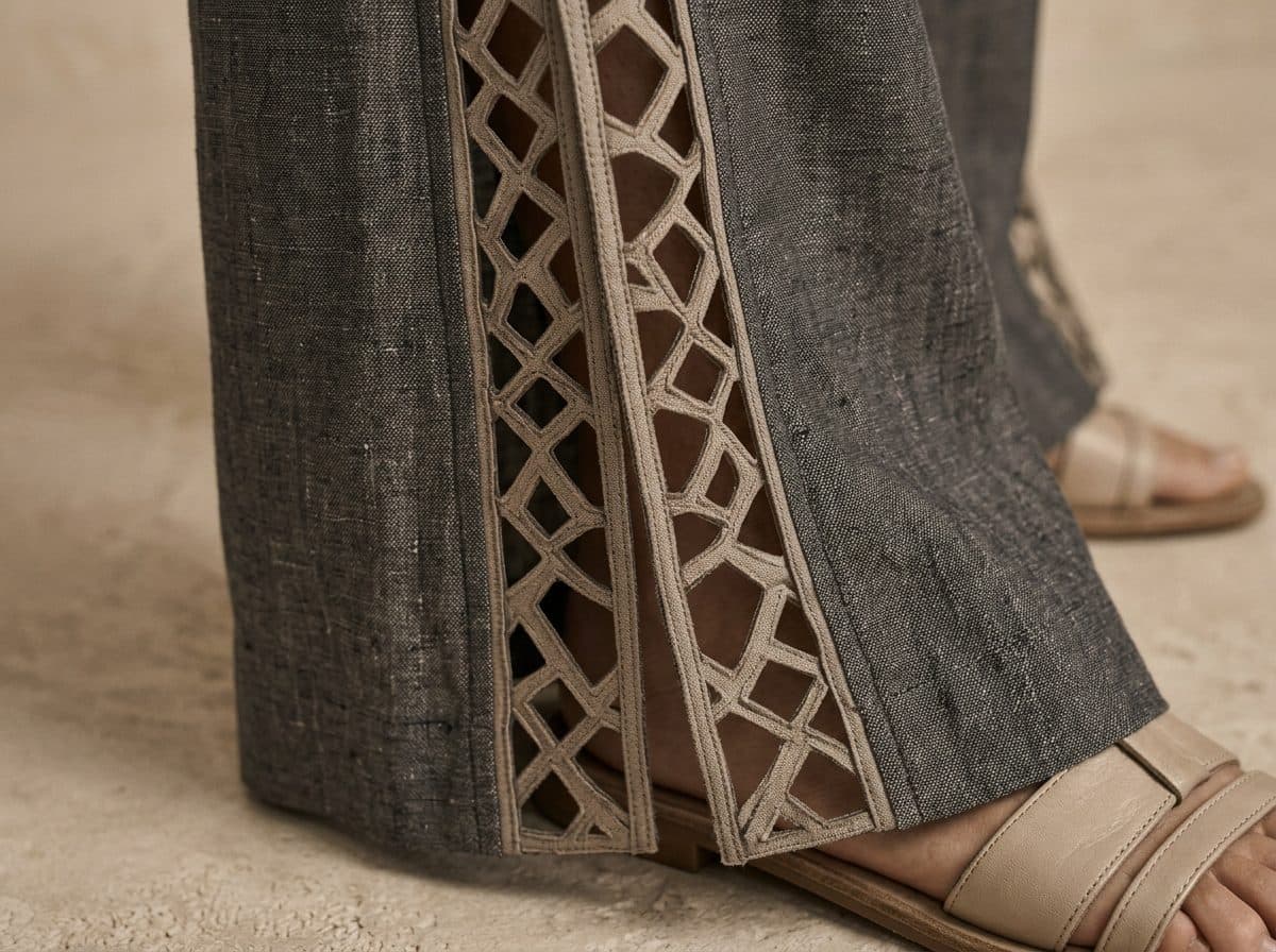 Detail of the cloth and cutwork used for Oversized Safari Blouse and Slit-Ankle Fluid Pants Co-ord