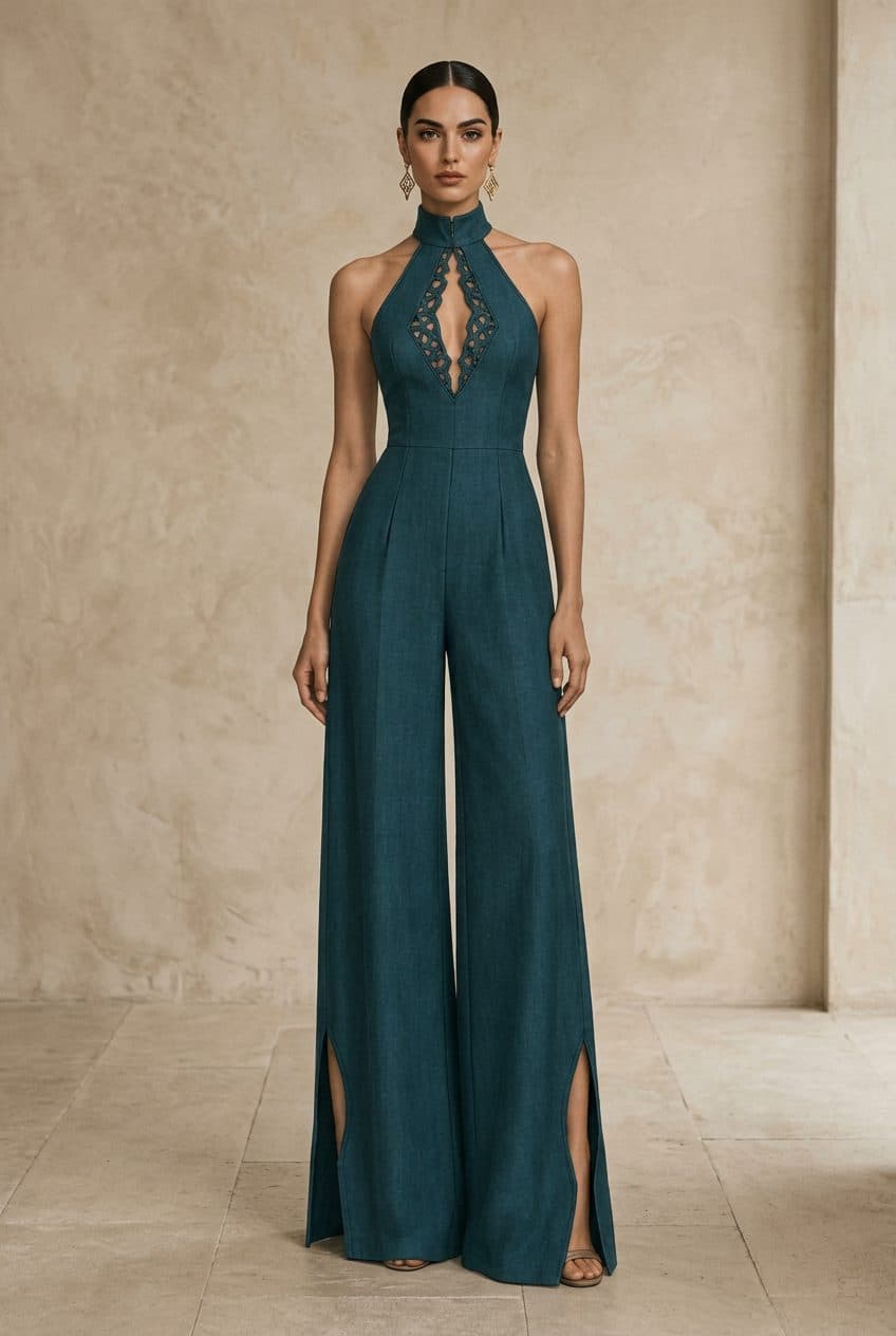 Backless Halter Column Jumpsuit with Pointed Arch Cutouts in Petroleum Teal, finished garment