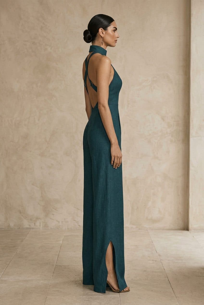 Backless Halter Column Jumpsuit with Pointed Arch Cutouts in Petroleum Teal, worn