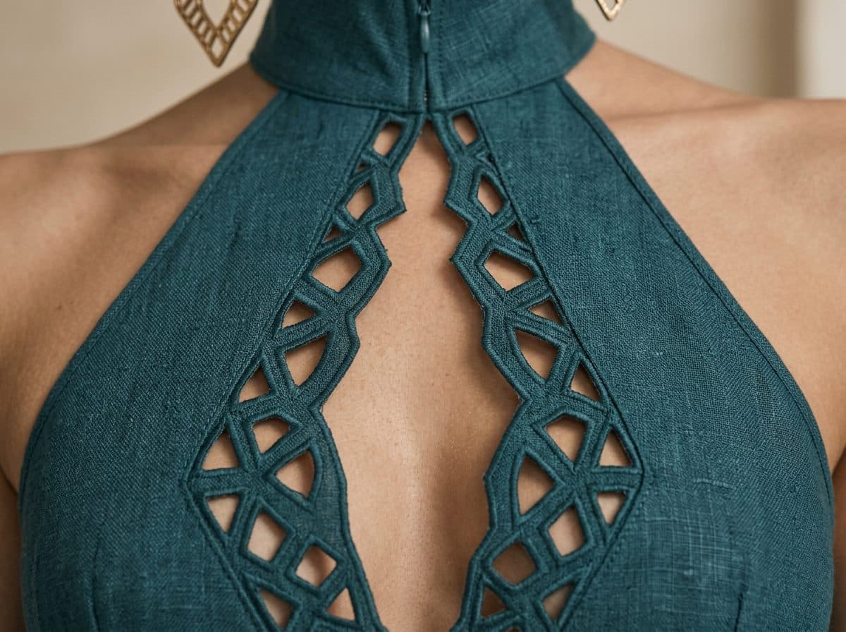 Detail of the cloth and cutwork used for Backless Halter Column Jumpsuit with Pointed Arch Cutouts