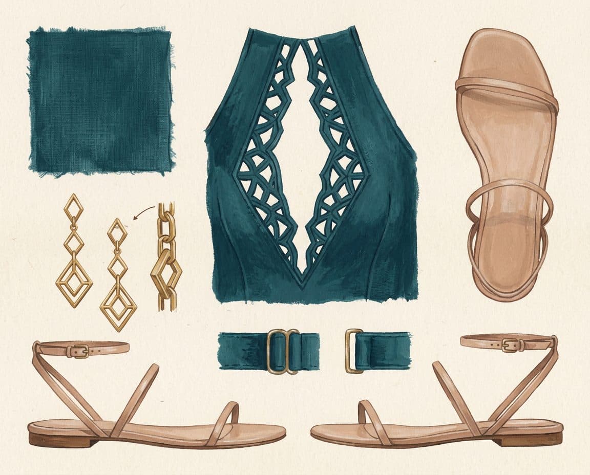 Fabric, colour and trim palette for Backless Halter Column Jumpsuit with Pointed Arch Cutouts