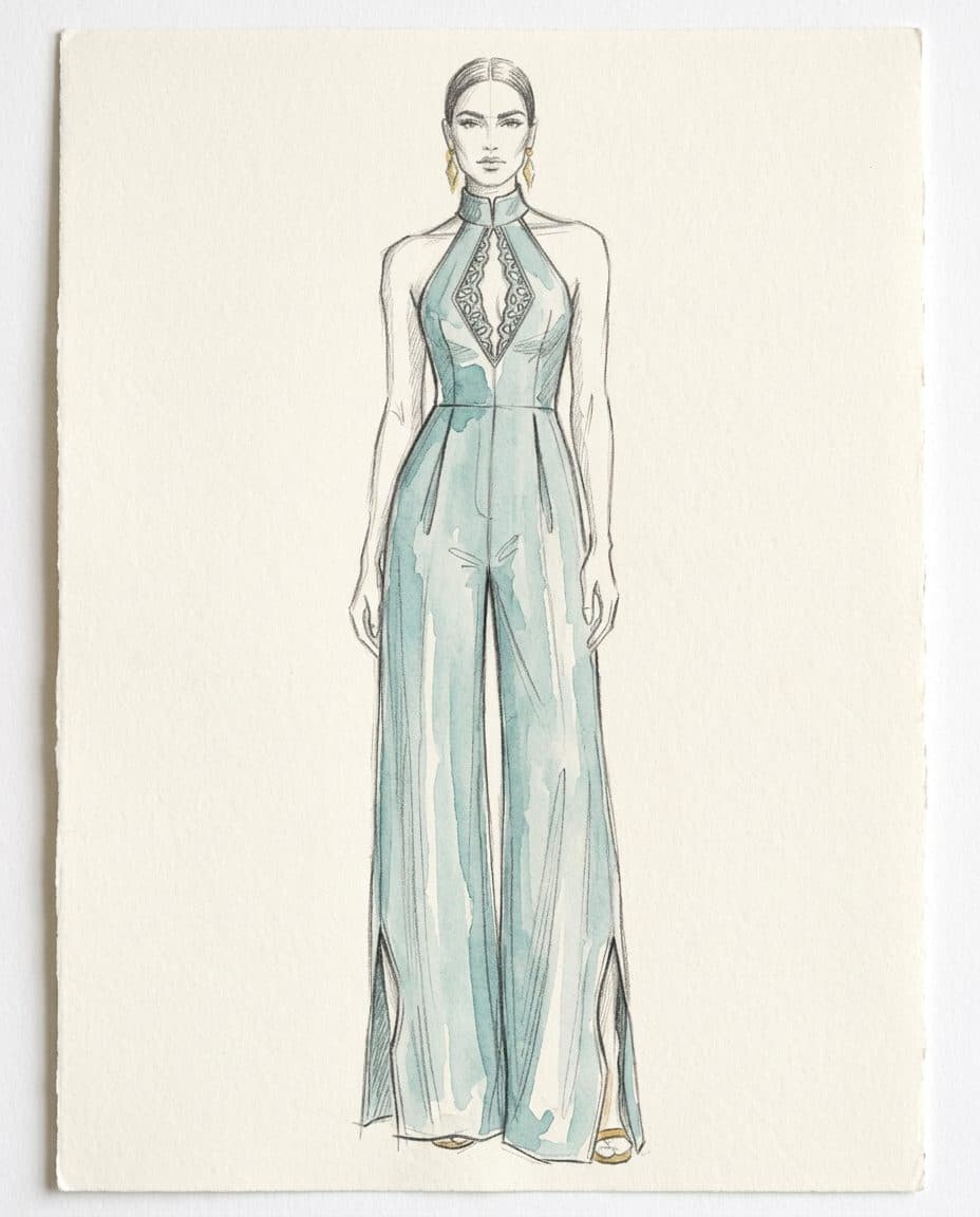 Backless Halter Column Jumpsuit with Pointed Arch Cutouts — original design sketch