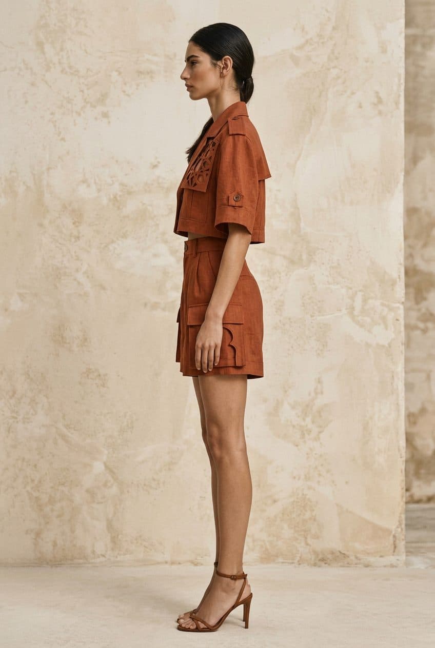 Sculptural Safari Cropped Jacket and Cargo Shorts Co-ord in Terracotta Rust, worn