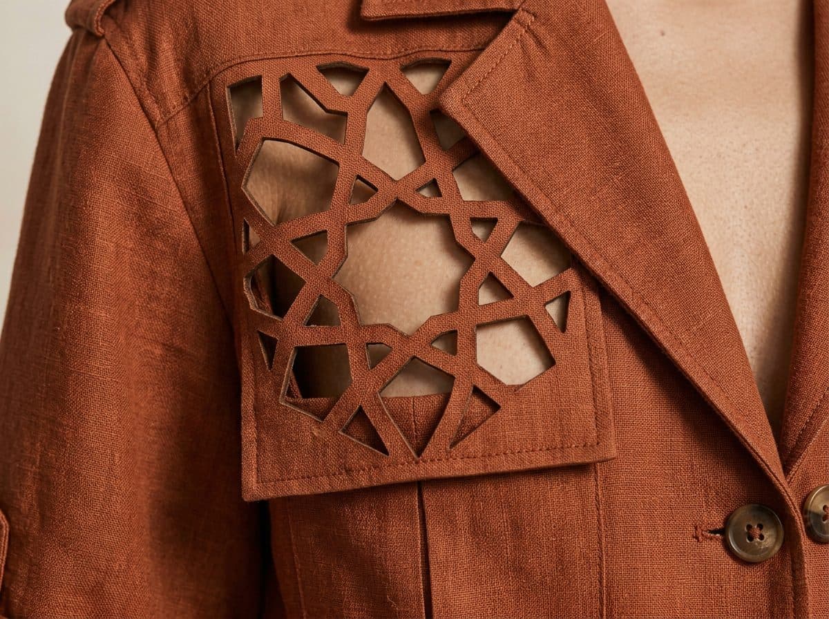 Detail of the cloth and cutwork used for Sculptural Safari Cropped Jacket and Cargo Shorts Co-ord