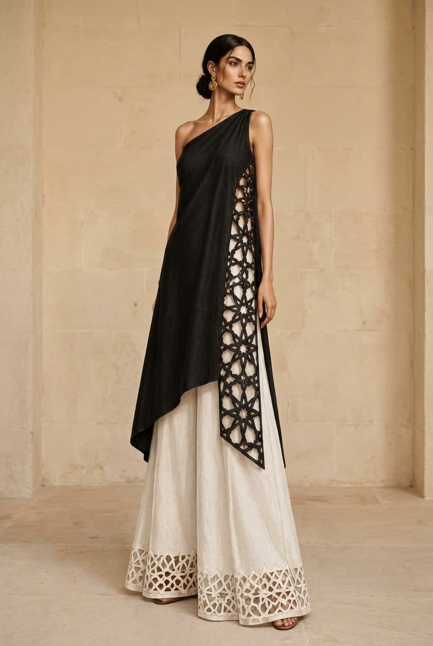 One-Shoulder Draped Tunic and Fluid Linen Palazzos Co-ord in Washed Charcoal Black & Bone Ecru, finished garment
