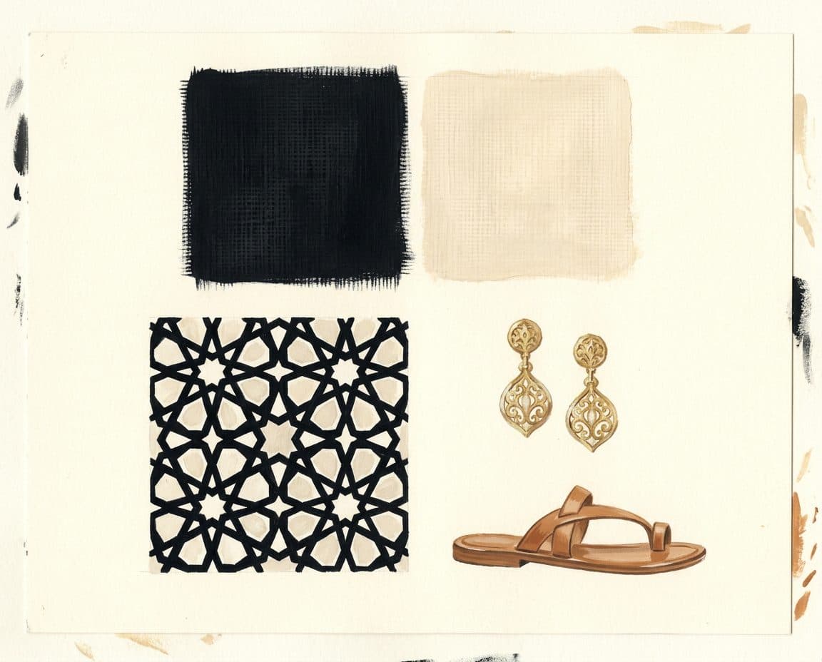 Fabric, colour and trim palette for One-Shoulder Draped Tunic and Fluid Linen Palazzos Co-ord