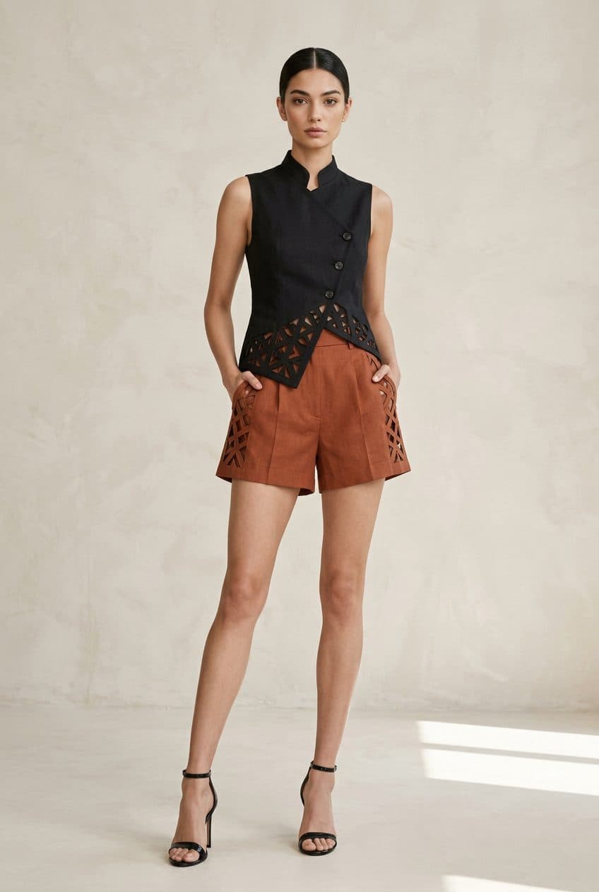 Architectural Asymmetric Waistcoat & Tailored Shorts Co-ord in Washed Onyx Black & Terracotta Rust, finished garment