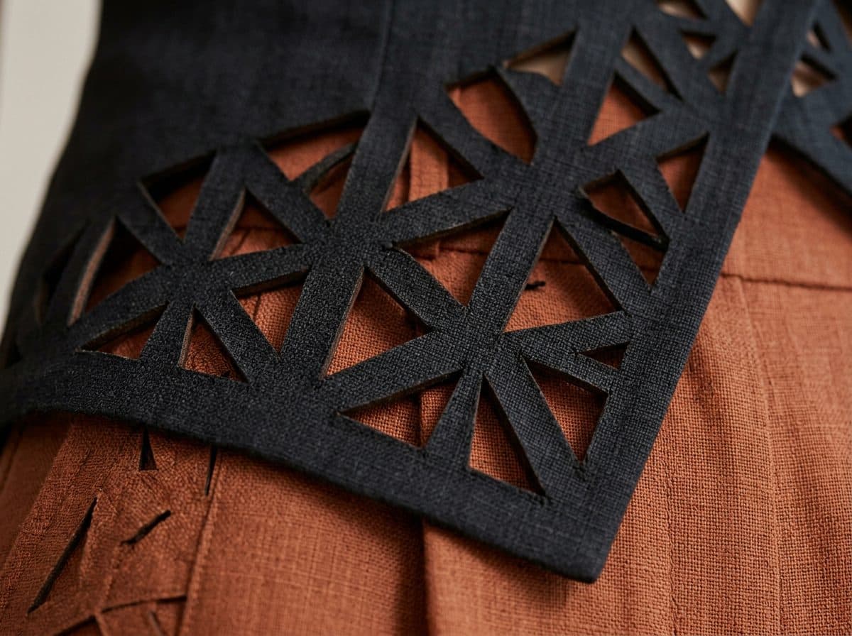 Detail of the cloth and cutwork used for Architectural Asymmetric Waistcoat & Tailored Shorts Co-ord