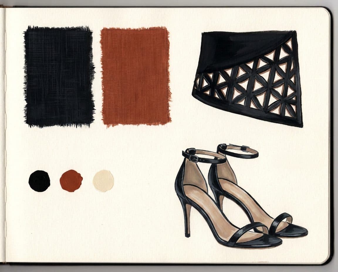 Fabric, colour and trim palette for Architectural Asymmetric Waistcoat & Tailored Shorts Co-ord