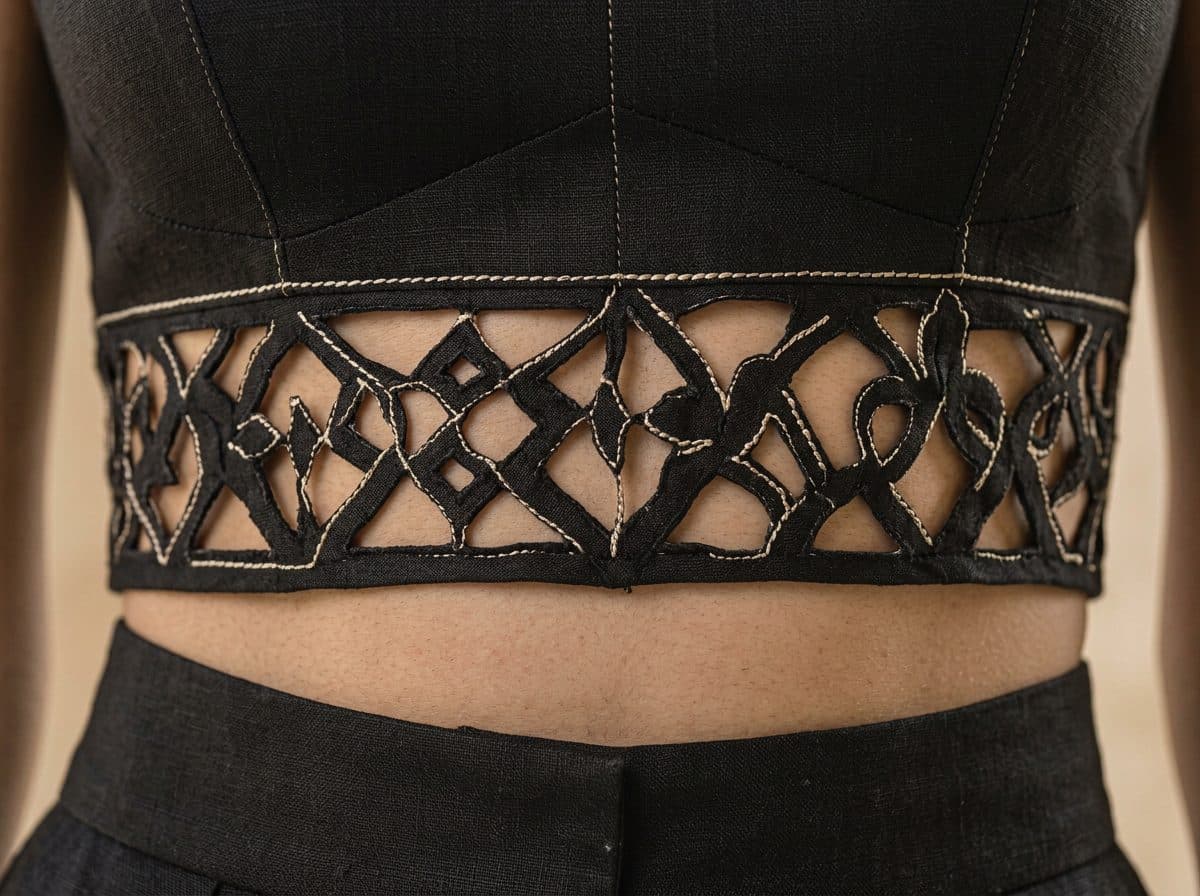 Detail of the cloth and cutwork used for Obsidian Silk Co-ord Set