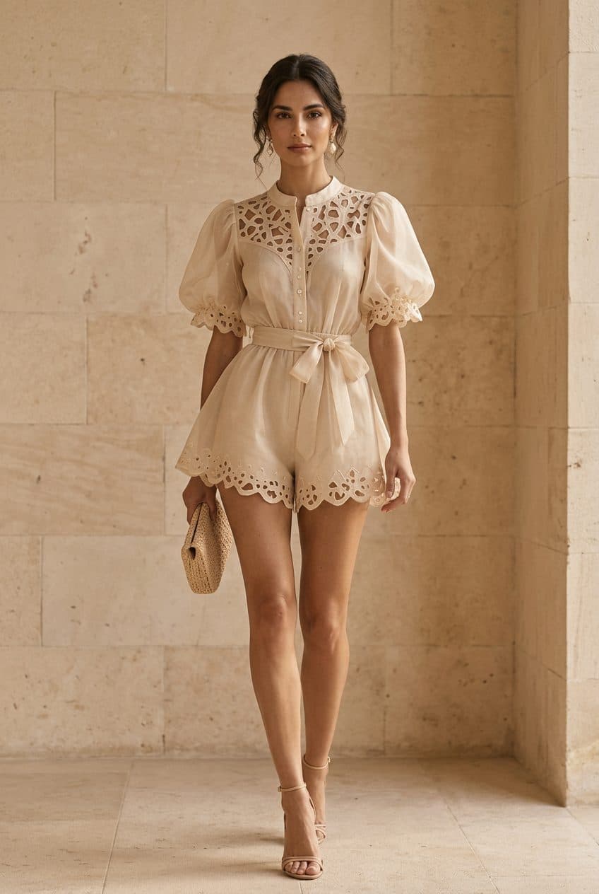 Champagne Organza Romper in Champagne Beige, finished garment