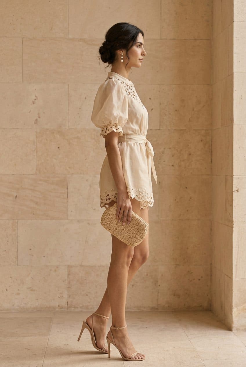 Champagne Organza Romper in Champagne Beige, worn