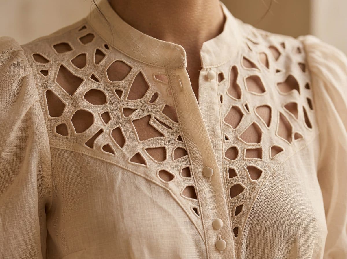 Detail of the cloth and cutwork used for Champagne Organza Romper