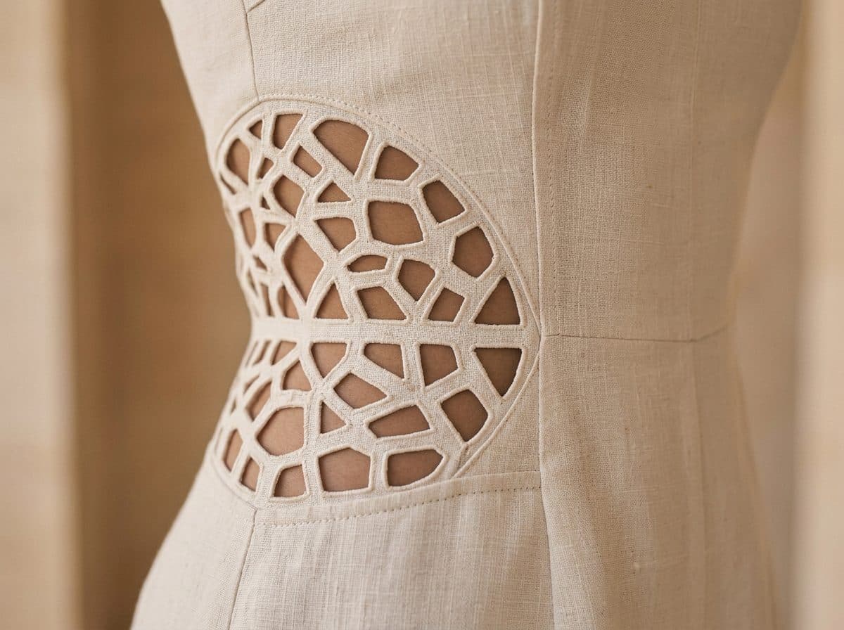 Detail of the cloth and cutwork used for Ivory Linen Silk Romper