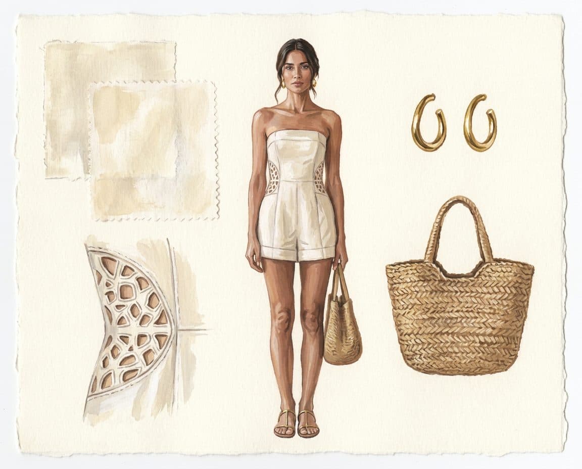 Fabric, colour and trim palette for Ivory Linen Silk Romper