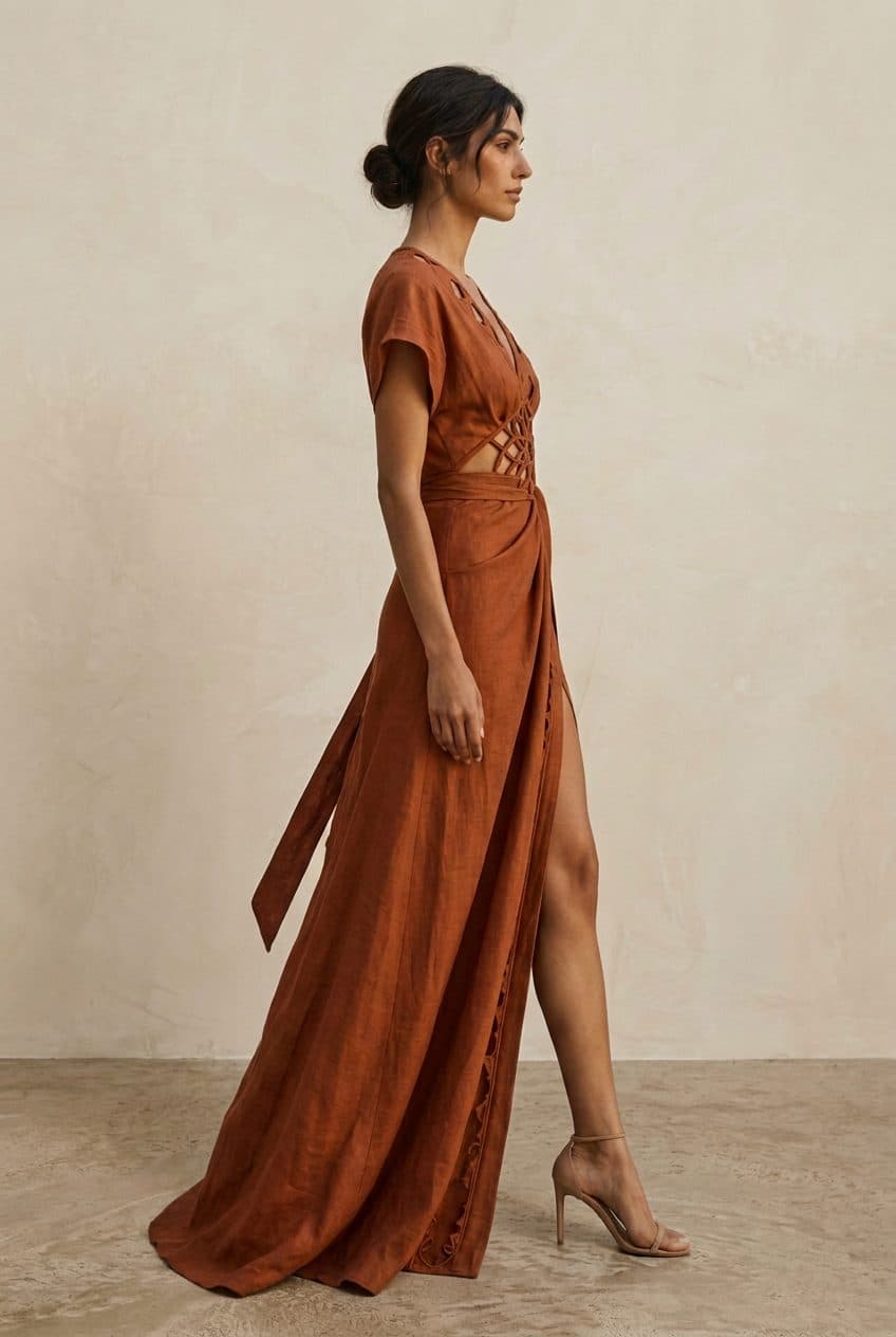 Deep-V Keyhole Girih Wrap Gown in Terracotta Rust, worn