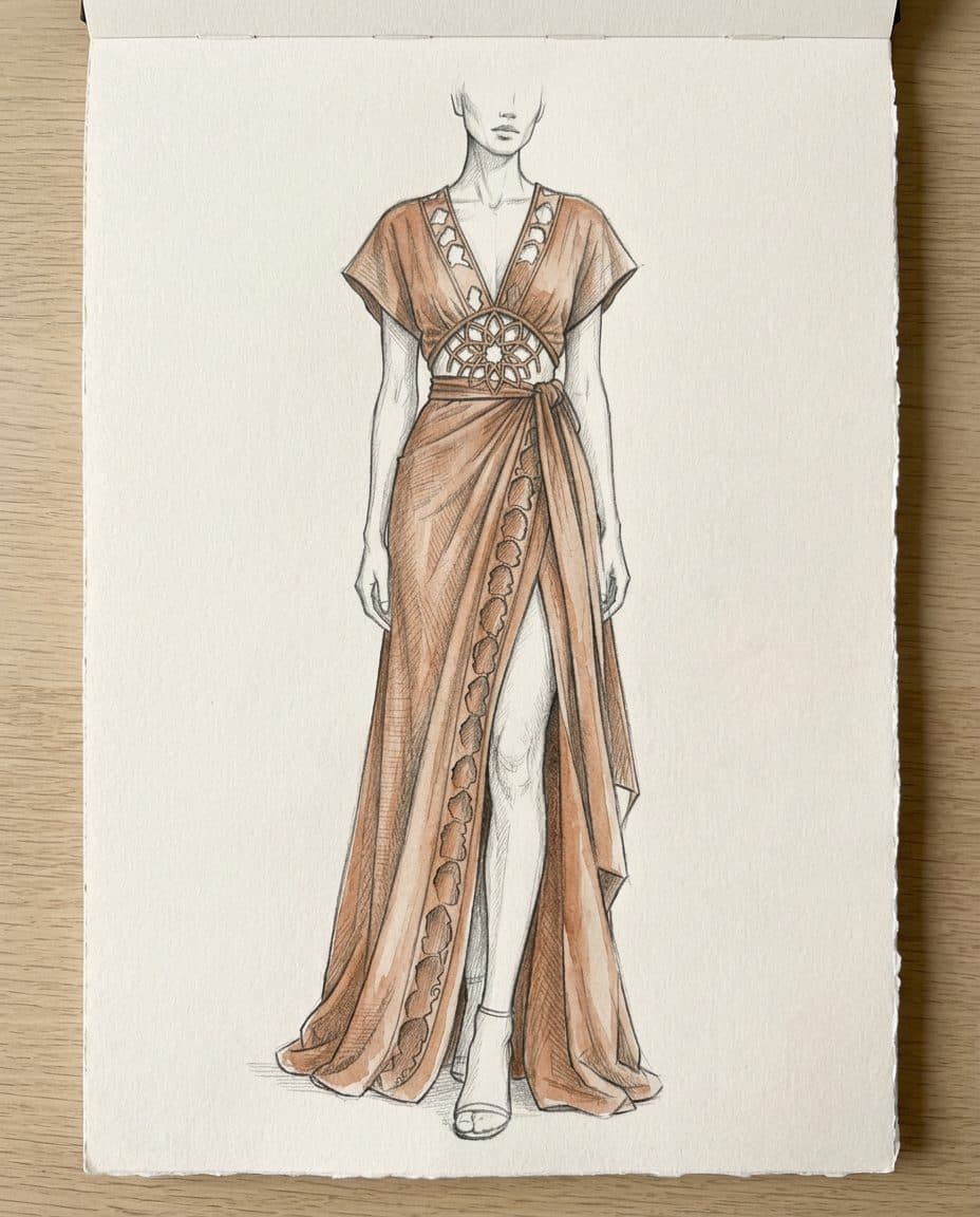 Deep-V Keyhole Girih Wrap Gown — original design sketch