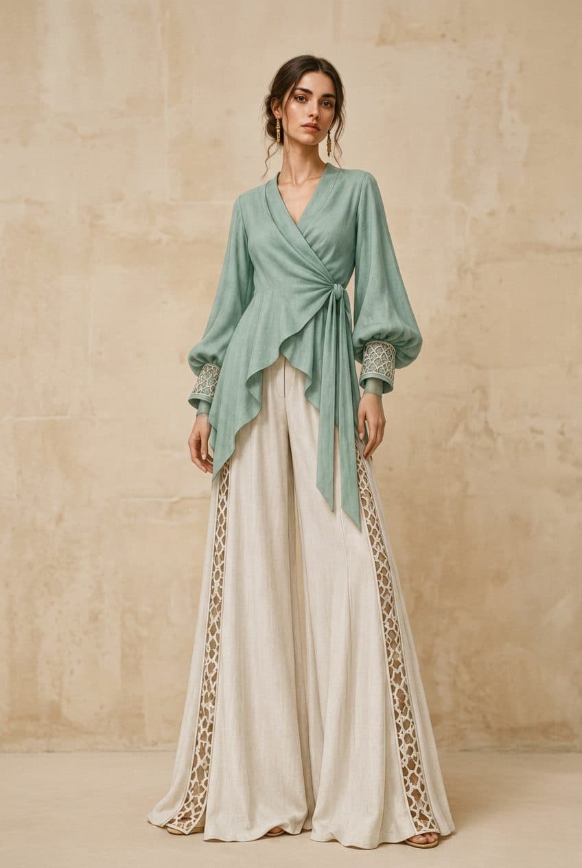 Draped Waterfall Wrap Blouse & Tiered Palazzo Co-ord in Seafoam Green & Bone Ecru, finished garment