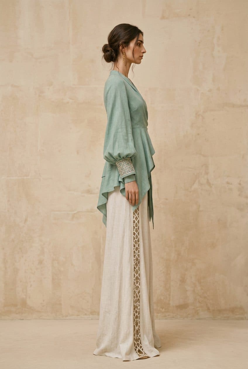 Draped Waterfall Wrap Blouse & Tiered Palazzo Co-ord in Seafoam Green & Bone Ecru, worn