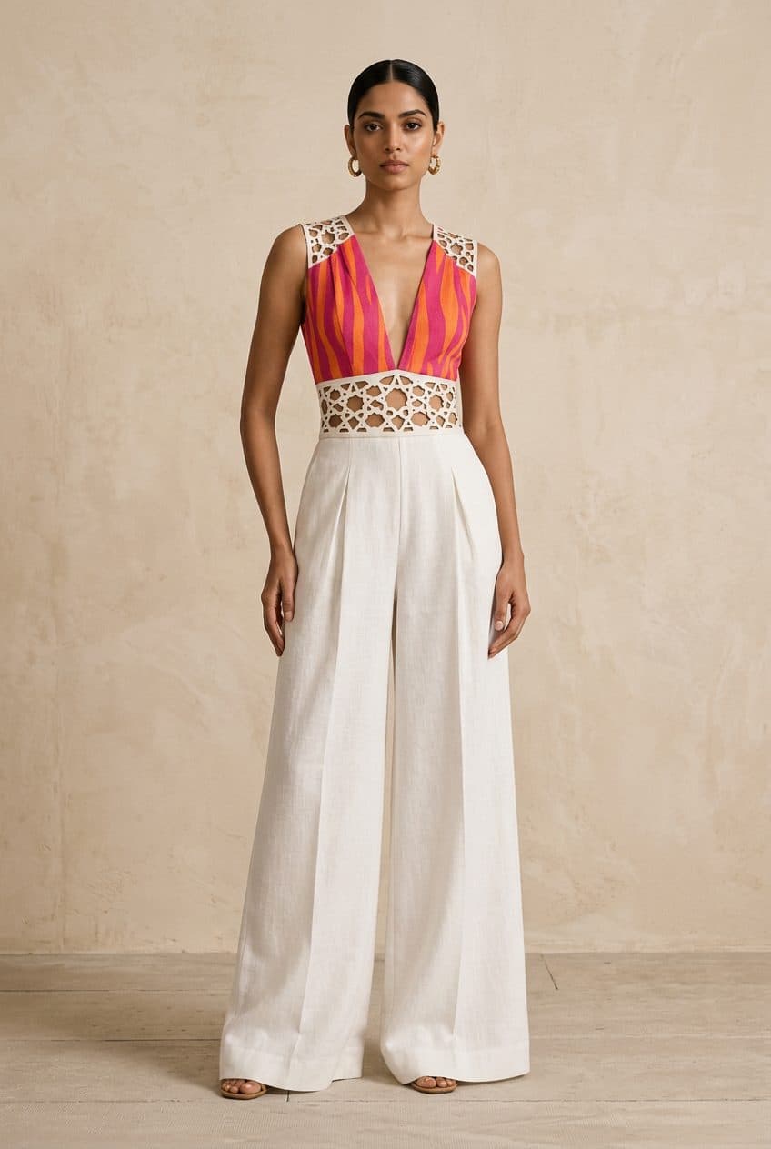 Striped Panel Lasercut Jumpsuit in Fuchsia & Orange Stripe, finished garment