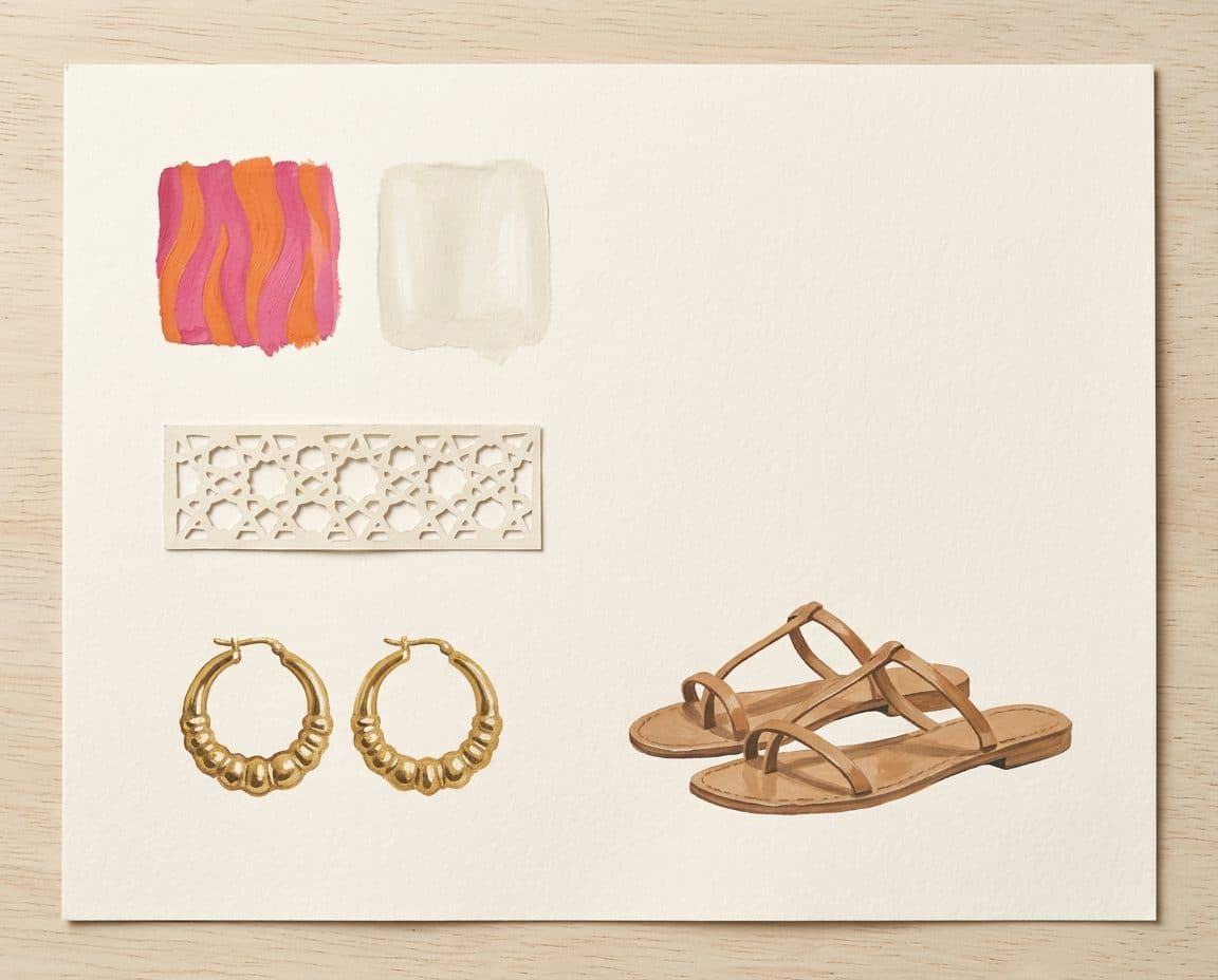 Fabric, colour and trim palette for Striped Panel Lasercut Jumpsuit