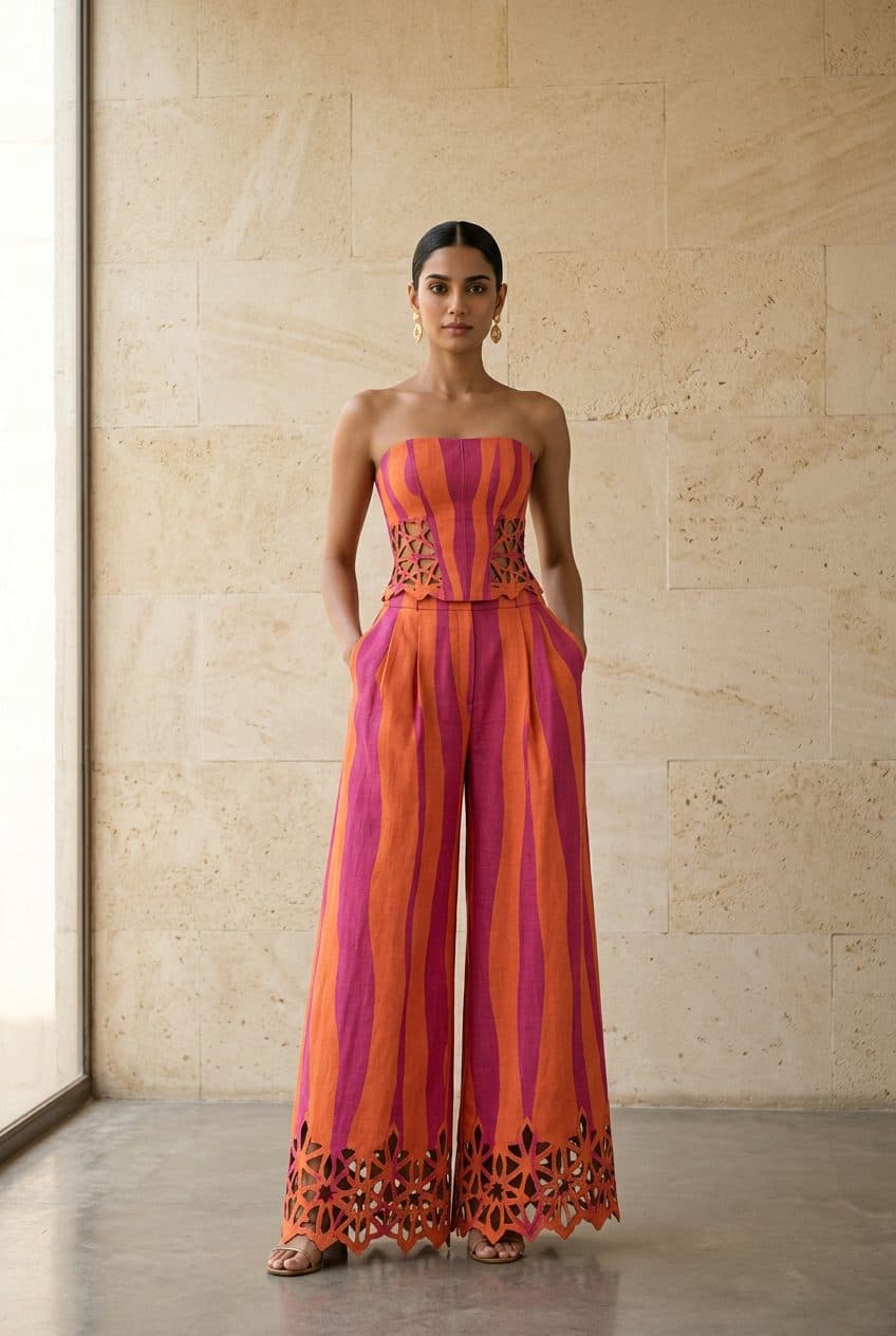 Striped Corset Top & Palazzo Co-ord in Magenta & Orange Stripe, finished garment
